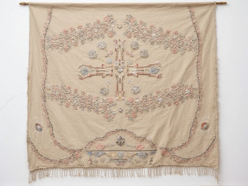 Faded fabric wall hanging with geometric patterns and embroidery