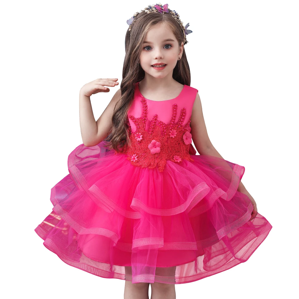 

Child embroidered bridesmaid kids girl dress sleeveless multi-layer princess dresses for little girls fluffy