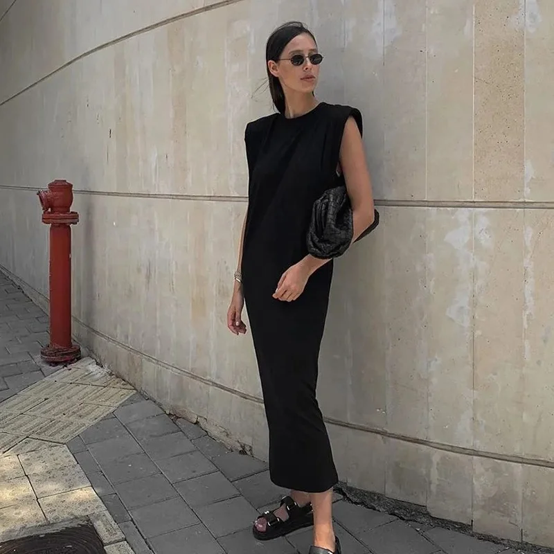 

New Arrival Streetwear House Wear Black Long Dress Casual Sleeveless Solid Womens Cotton Dresses Loose With Shoulder Pads, Solid black