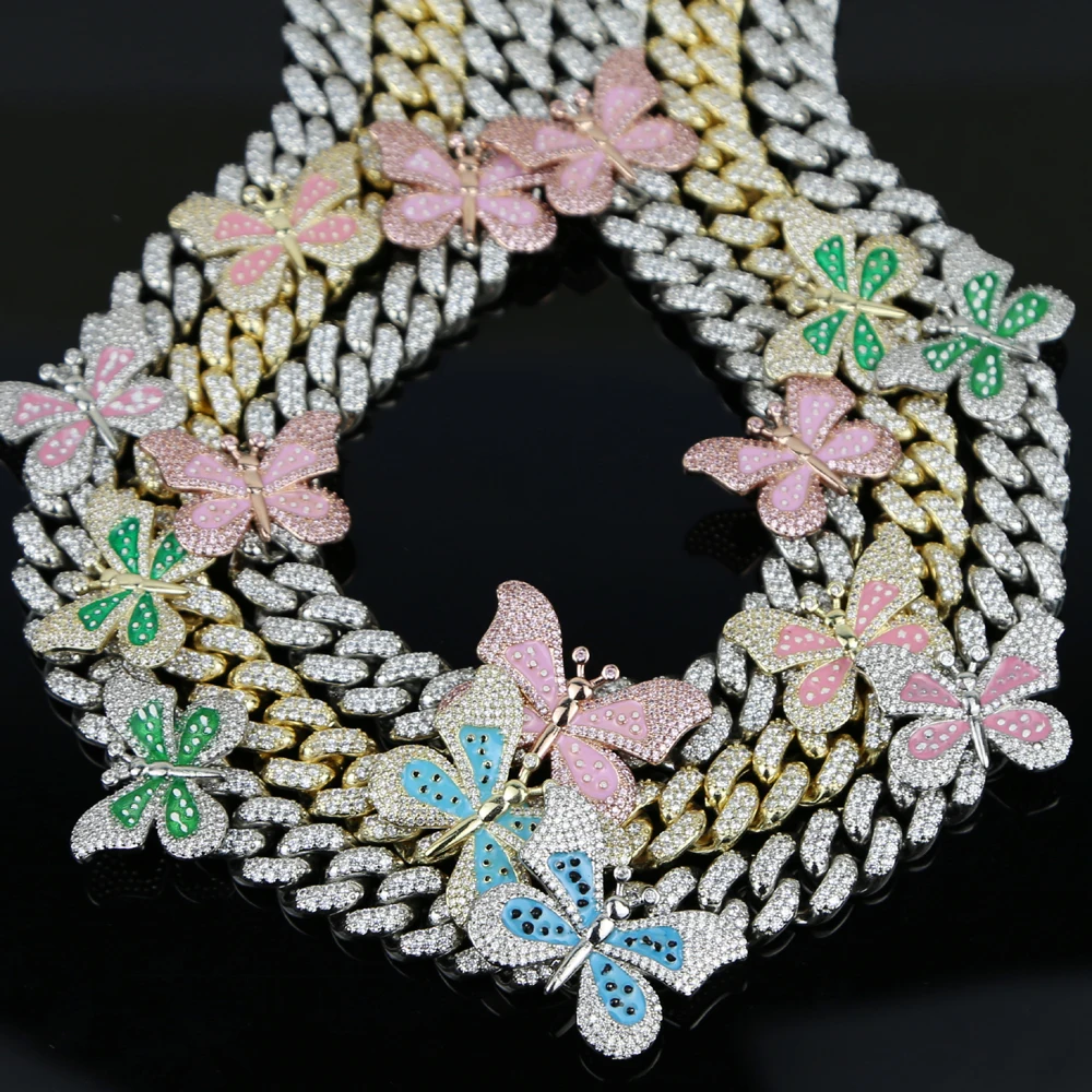 

hip hop women jewelry 2020 hot selling 5A CZ 12MM cuban link chain pink butterfly choker necklace, Rose gold