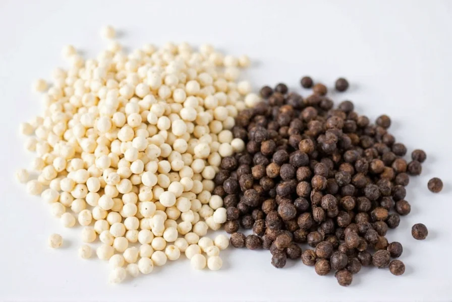 Close-up comparison of white and black peppercorns side by side showing texture and color differences