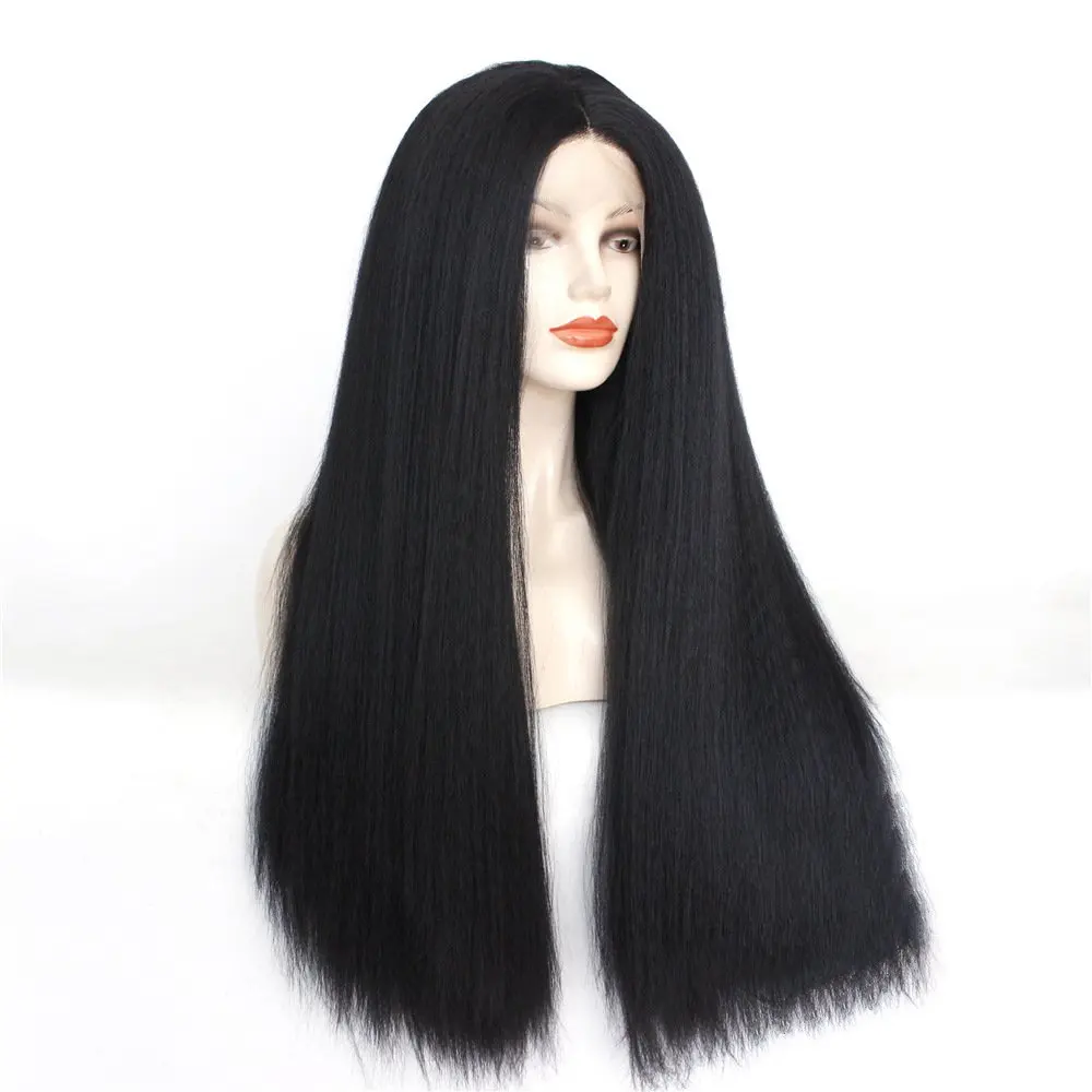 

long black kinky yaki synthetic wig, yaki lace front synthetic wig stock