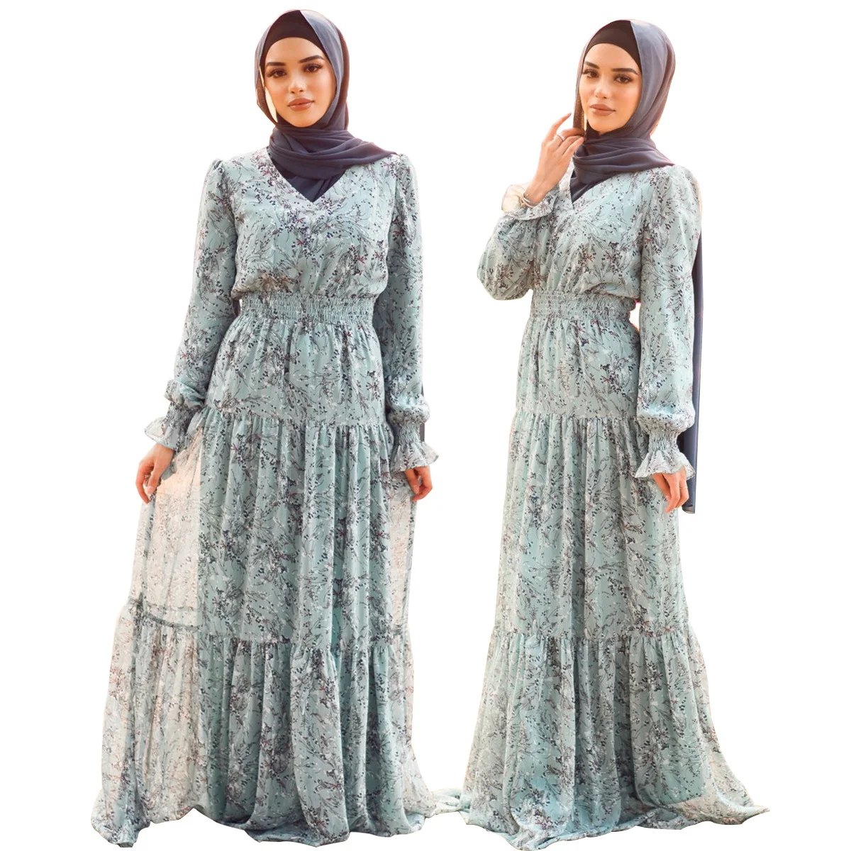 

New Muslim Lady Chiffon Dress Floral Printed Ruffle Hem Double Layer Arab Maxi Kaftan Abaya Dress, 2 colors in stock accepted customzied design