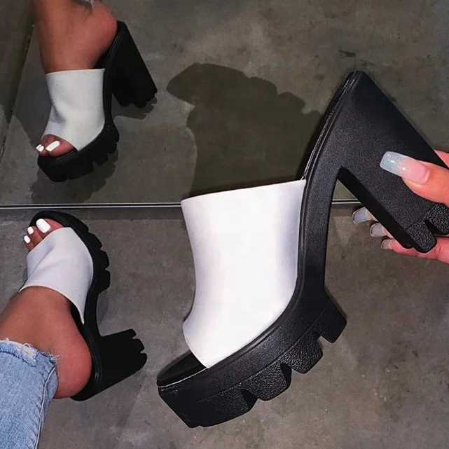 

Pure Color High Platform Chunky High Heels Single Band Surface Women Summer Sandals Slides Open Round Toe Anti-Slippery Shoes, Black white green