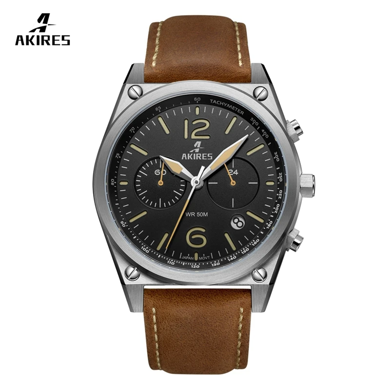 

Top luxury brand waterproof sport stainless steel wrist watch chronograph military genuine leather quartz watch