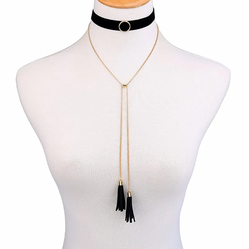 

xl00852b Black Velvet Strip Double Layered Vintage Gold Plated Chain Long Tassel Pendant African Choker Necklace Women