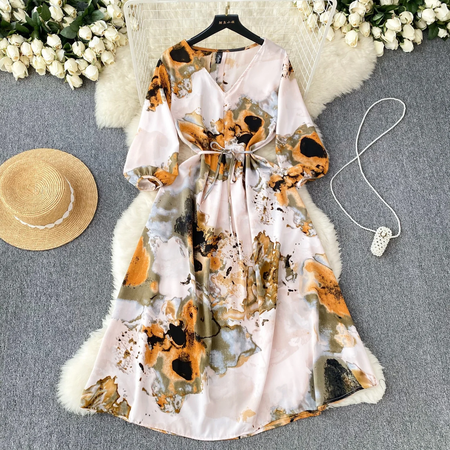 

Printed Dress Women's Autumn Strap Waist Wrapped Bubble Sleeve Long Dress