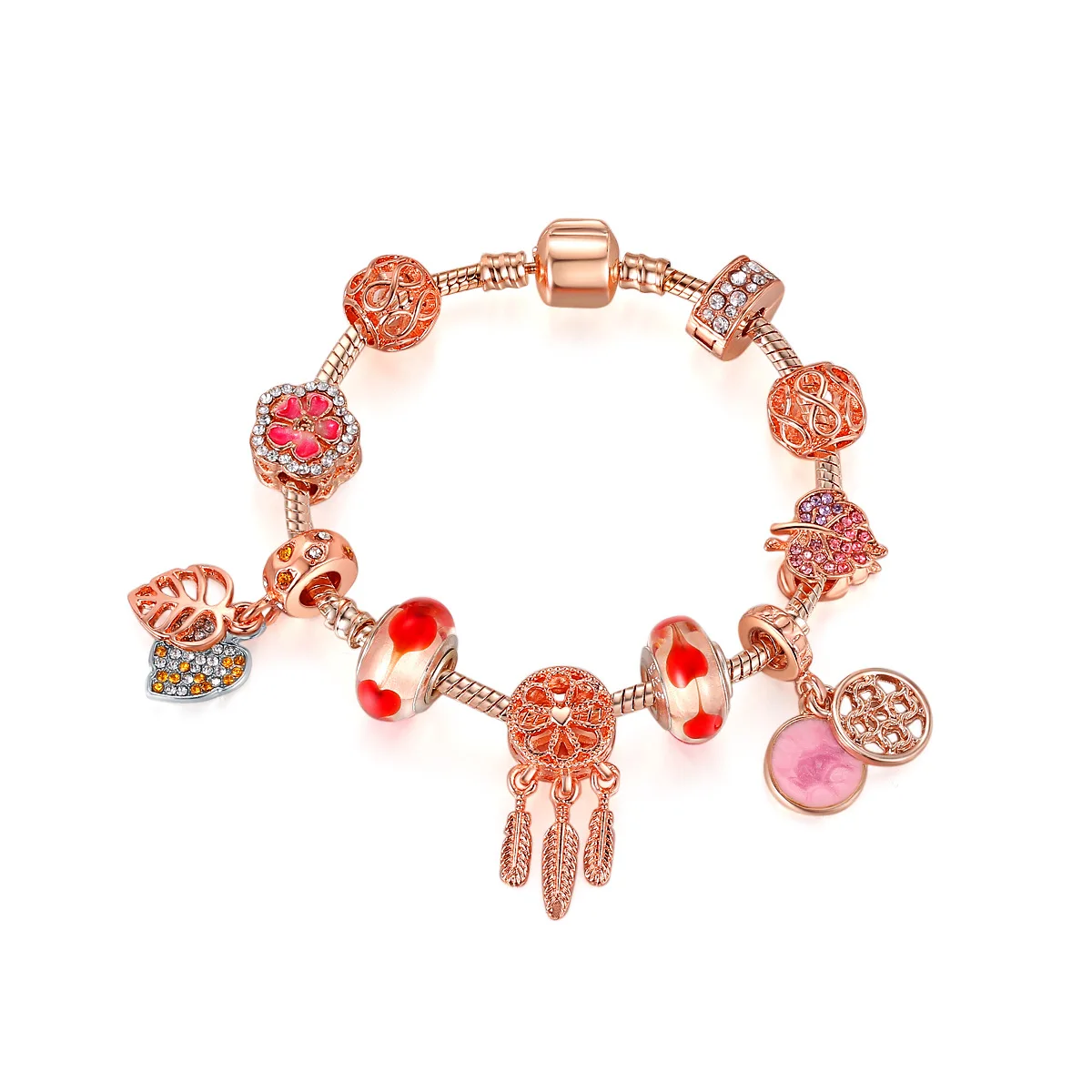 

DIY 4 European Diy Jewelry Crystal Leaf Flower Beads Bracelet Rose Gold Plated Dreamcatcher Charm Brcelet