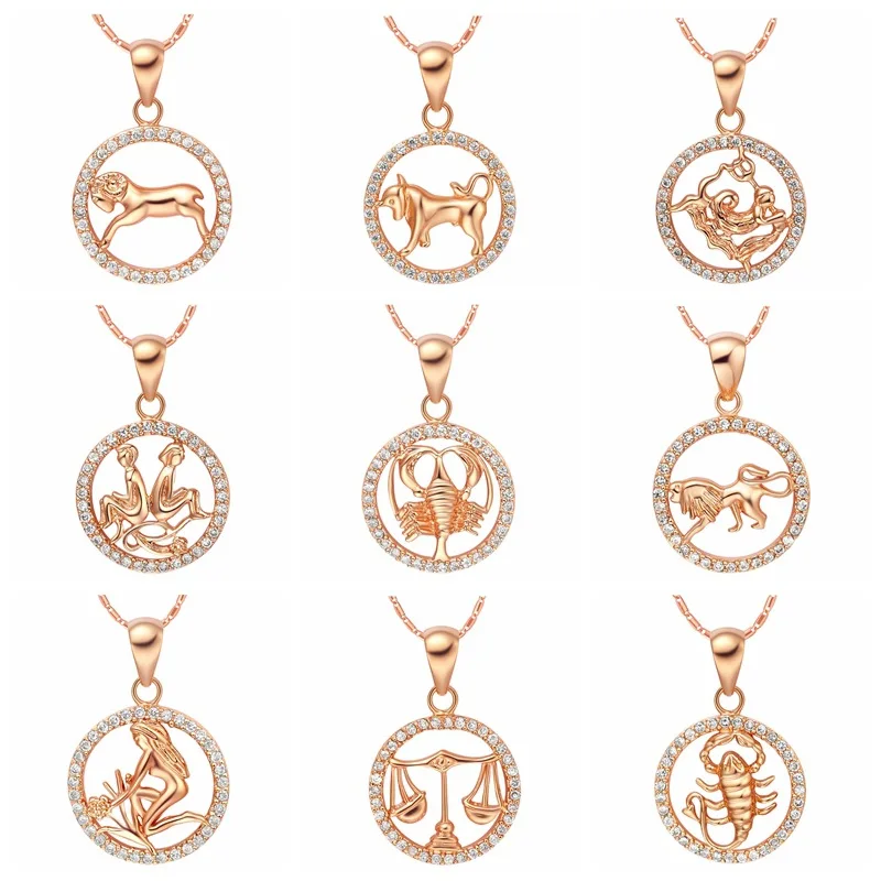 

Environmentally Friendly Hollow Rose Gold Plating Women Copper Alloy Zodiac Round Twelve Constellation Aquarius Pendant Necklace