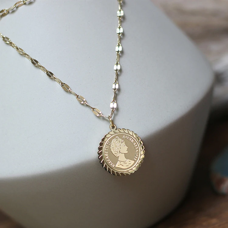 

14k Gold Stainless Steel Coin Pendant Princess Queen Elizabeth Charm Necklace