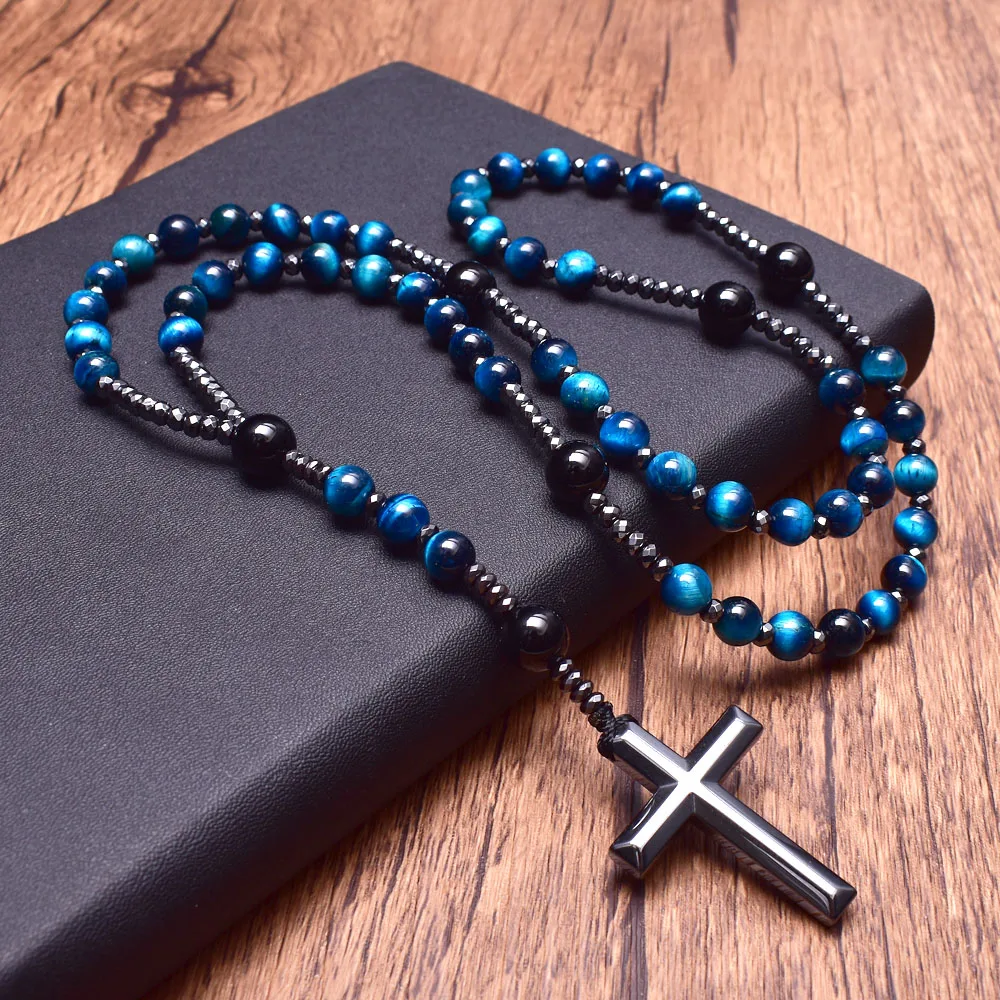 Blue Tiger Eye Onyx Zircon Christian Rosary Bead Long Pendant Necklace Women's Catholi Christ Meditation Jewelry