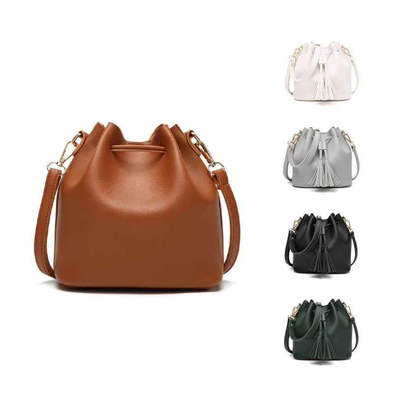 

Fashion Cheap Wholesale Girls Crossbody Handbag PU Leather Drawstring Women Bucket Bag With Tassel Ladies Luxury Hand Bag