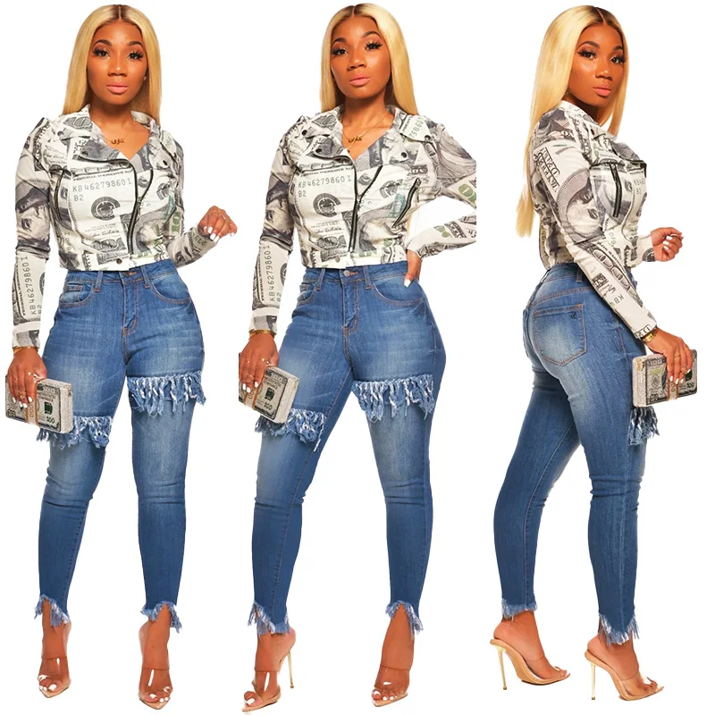 

2020 winter women clothing slim motorcycle clothing money print clothing street fashion v-neck 5xl plus size jackets for women