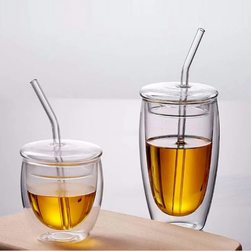 

2020 NEW High Quality Drinking Glass Cup Double Wall Tea Cup Transparent Glass Clear Glass with Lid and Straw custom, Natural