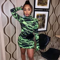 

KHG8770 Women high collar printed gloves long sleeve sexy bag hip dress