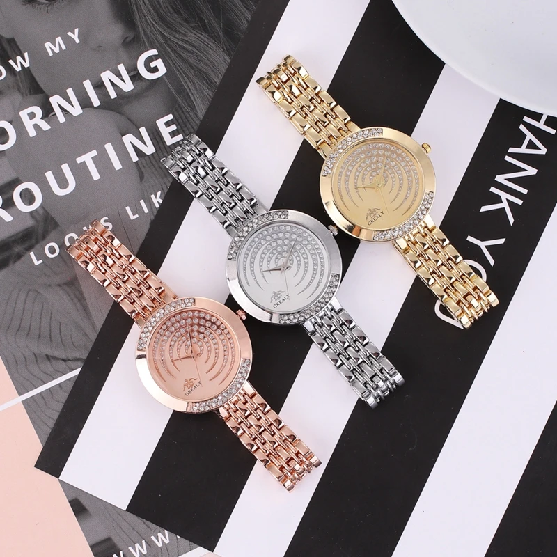 Grealy Brand 8015 Luxury Rhinestones Dial Stainless Steel Ladies