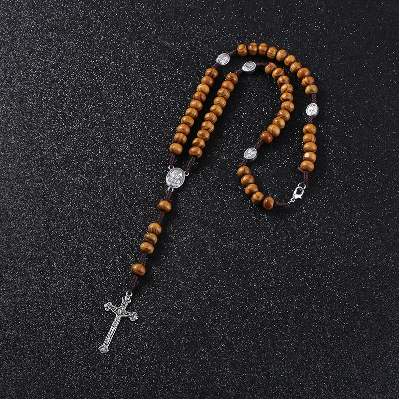 

KOMi Men Women Beads Orthodox Cross Woven Rope Necklace Of Religious Jewelry Catholic Brown Wooden Rosary Necklace