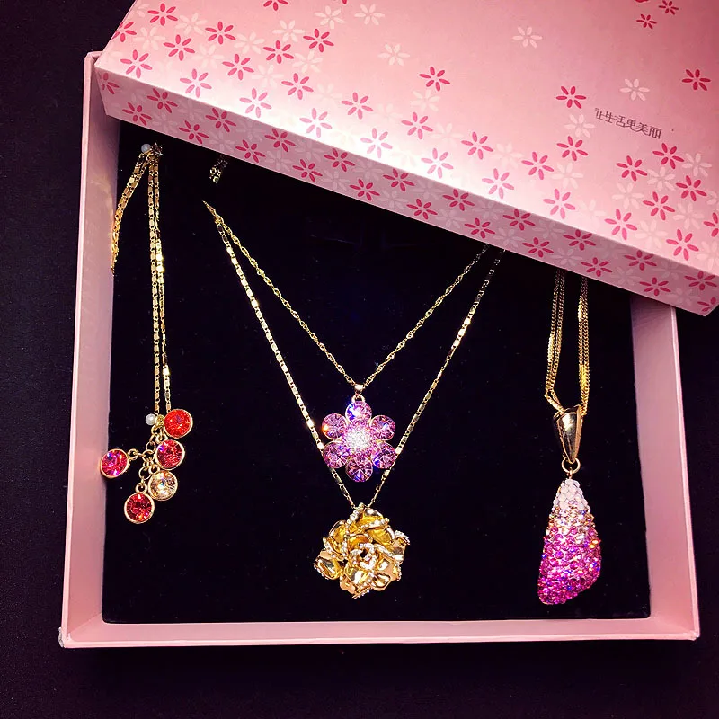 

PUSHI gift box packaging crystal pendant necklace real gold plating Earrings bracelet wedding necklace jewelry bulk mix