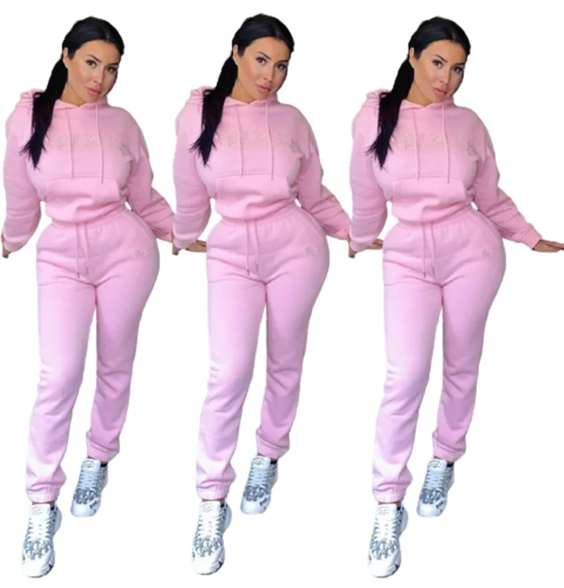 

YD - H040 factory wholesale sexy two piece sets women solid rhinestone sweatsuit