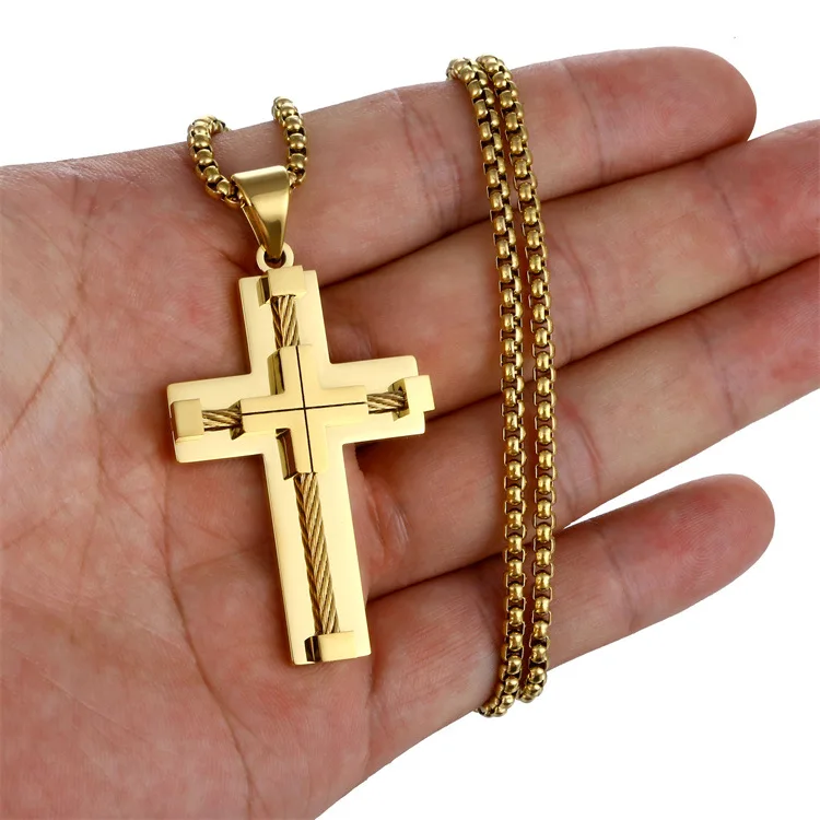 

Hip Hop Punk Styles Gold Plated Double Colorful Necklace High Polished Stainless Steel Cross Pendant Necklace For Men Wholesale