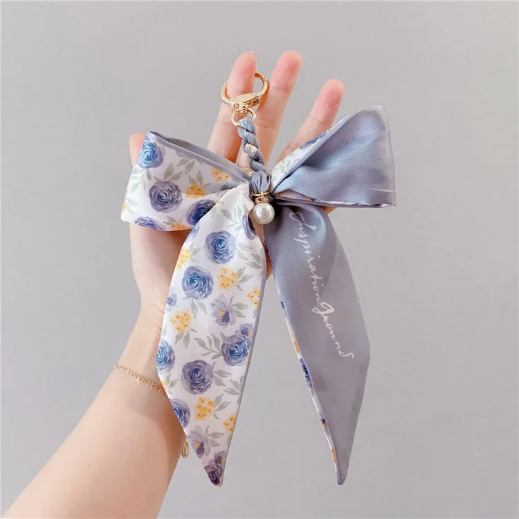 

Net Red Silk Scarf Bow Keychain Creative Pearl Ribbon Tie Car Key Ring Cute Bag Pendant Female, Customized color