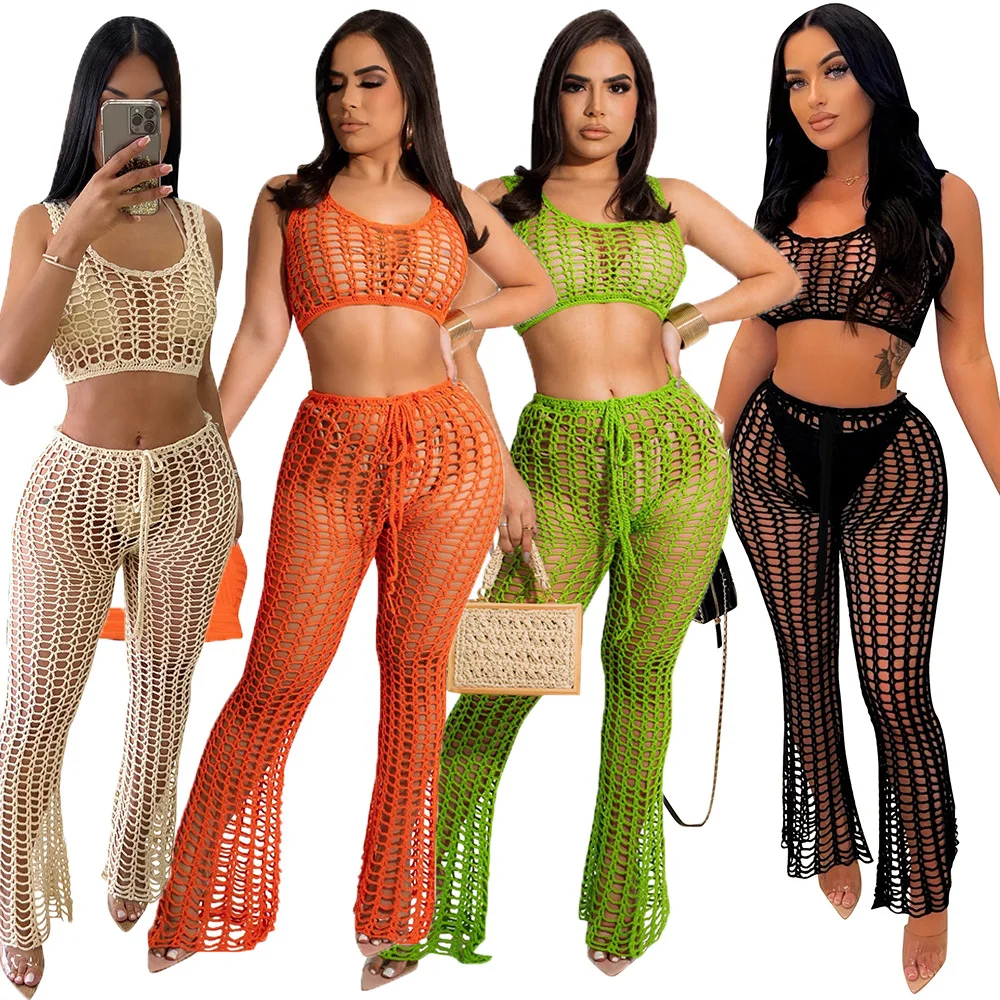 

2022 Summer Sexy Hollow Out Crochet Crop Top Two Piece Pants Women Bikini Cover Up Beachwear, Beige,orange, green , black