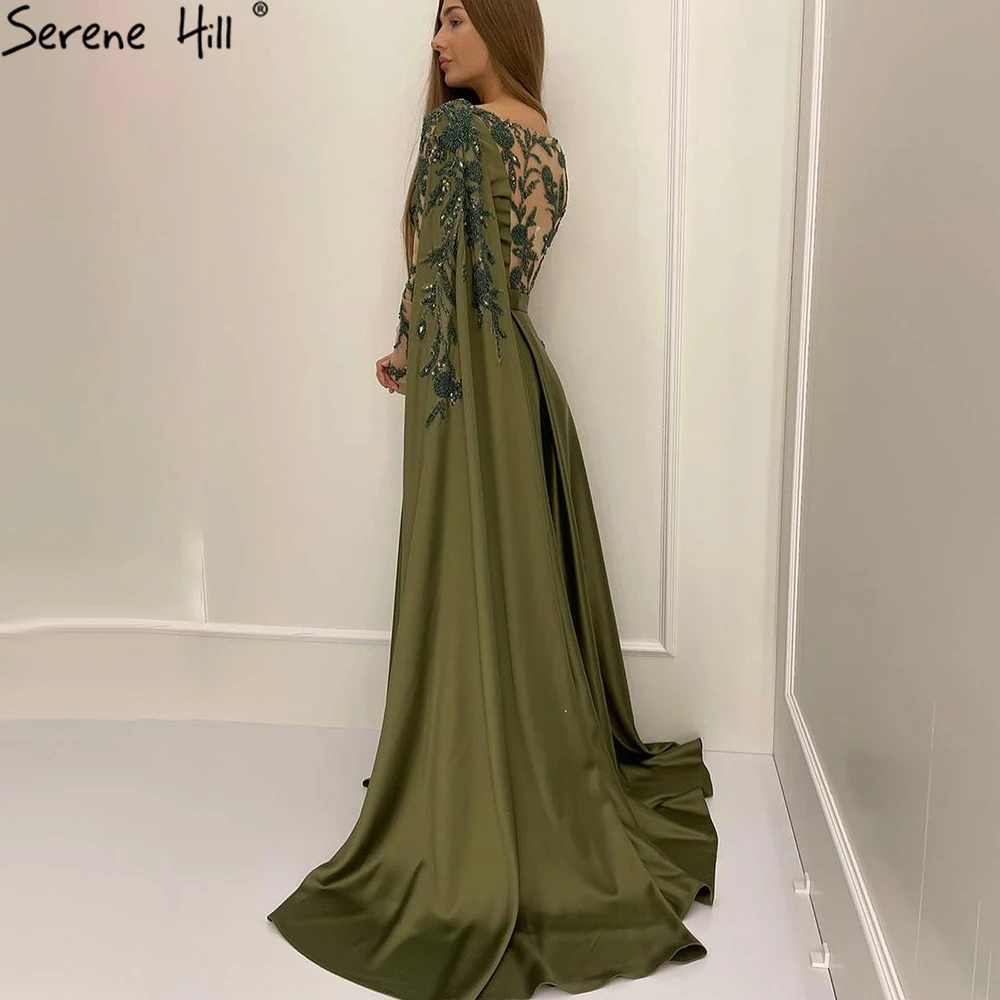 

Elegant Muslim Olive Green Evening Dresses 2021 Serene Hill LA70985 O Neck Long Party Gowns With Cape For Women Plus Size