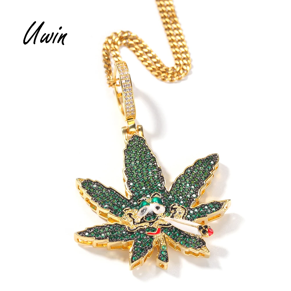 

Iced Out Maple Leaf Necklace Hemp Leaf Pendant Charm Chain Necklace Men Gift Jewelry