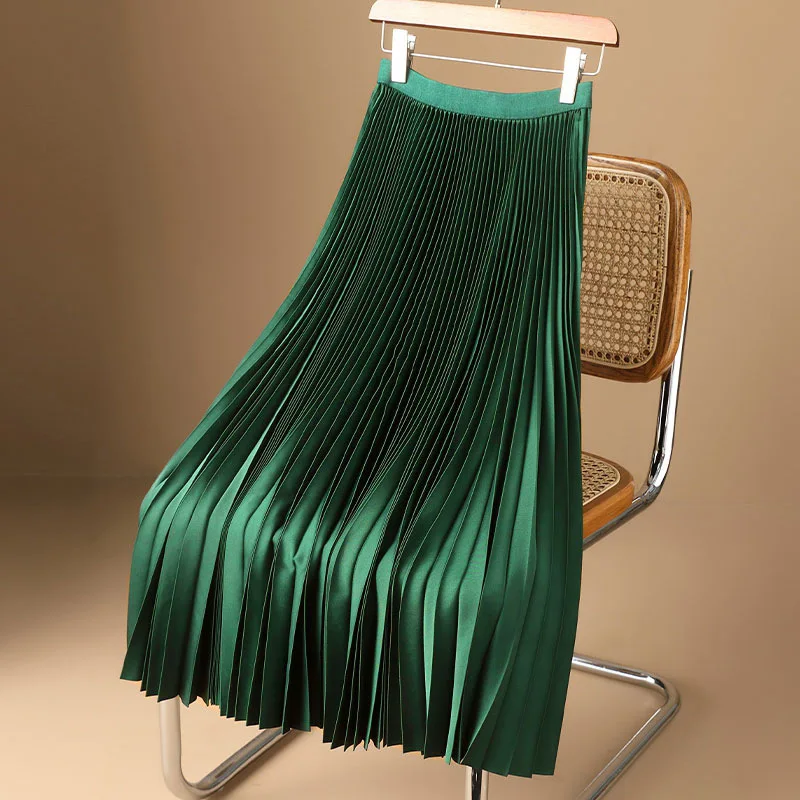 Wholesale 2026 Spring Solid Color High Grade Satin Pleated Skirt Large Size Versatile Women's Half Skirt
