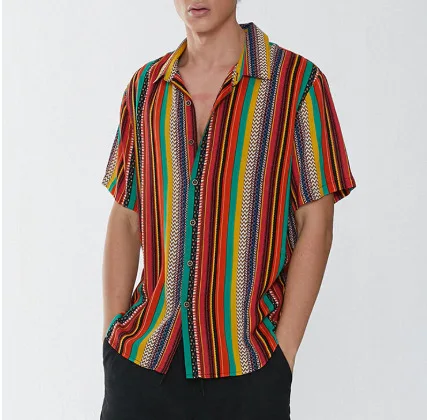 

stripes men printed shirt button up shirt custom print men short sleeve shirt, Orange, blue