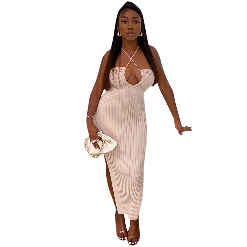 

M22D12522 2022 Spring Fashion Solid Slim Dress Sleeveless Halter Hollow Out Backless Split For Women Sexy Bodycon Party Dress