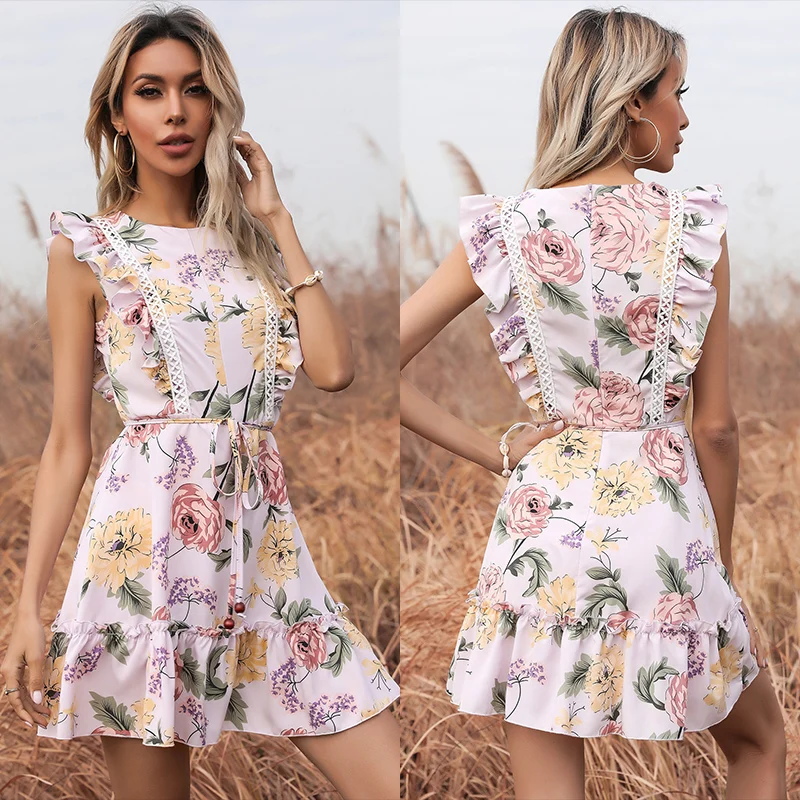 

2021 new sleeveless embroidery boho clothing romantic floral mini dresses women white casual summer dress with bandage tie, Purple