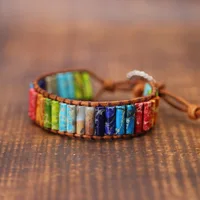 

latest creative chakra square cylindrical leather alloy jewelry couple handmade wrap bead friendship natural stone bracelet