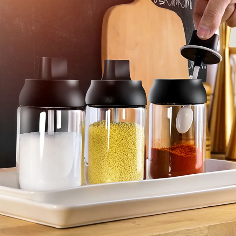 

Kitchen glass box spoon cover integrated seasoning jar multi-function honey bottle transparent seasoning jar with oil brush
