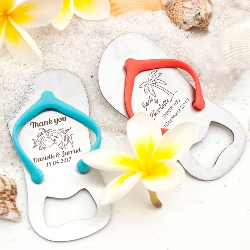 

Custom Printing Logo Flip Flop Bottle Opener Personalized Wedding Favors Customized Metal Slipper Beer Openers Bar Party Gift, 11 different colors for choosing