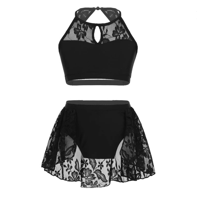 

Cheap Girls Two-Pieces Dance Outfits Crop Tops with Tutu Skirt For Ballet Modern Dance Training