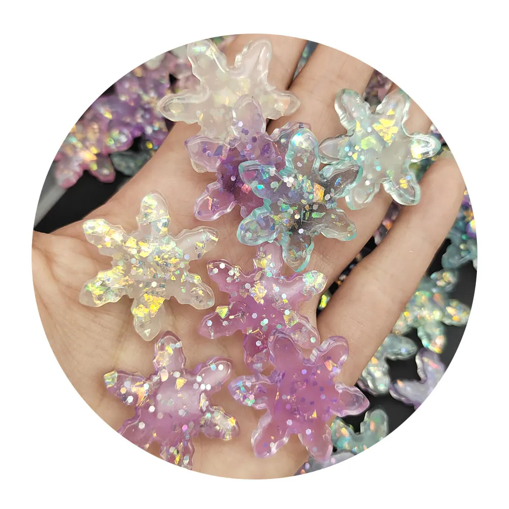 

100pcs Mini Resin Snow Snowflake Flatback Cabochon Glitter Christmas Ornament Phone Case Craft DIY Earring Hairpin Accessories