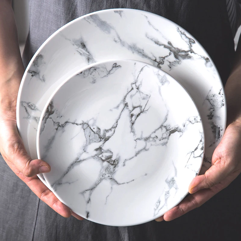 

6 or 8 or 10 inch Marble Dinner Plates Ceramic Plate and Dish Dinnerware, White