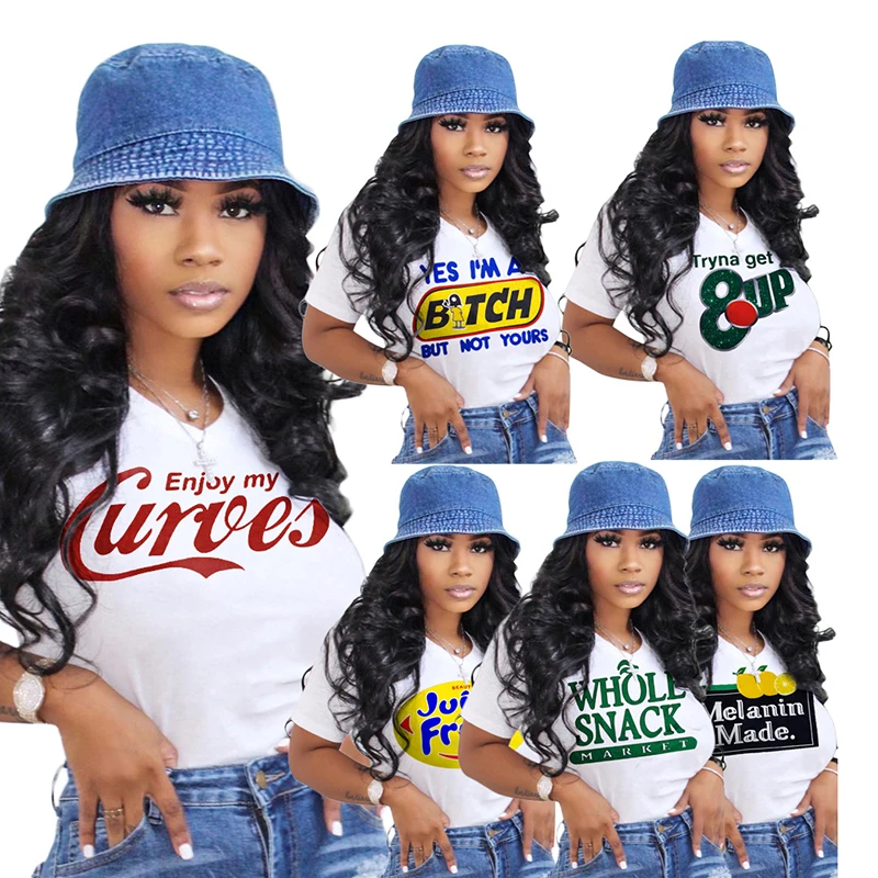 

2021 new arrival women's round-neck melanin printed t shirt, As picture