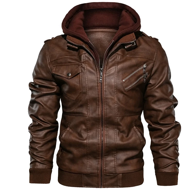 

I@U 2021 Racer Motorcycle Pu Leather Jackets Jaqueta De Couro Masculino Hooded Coat Black Brown jackets genuine Leather Jacket