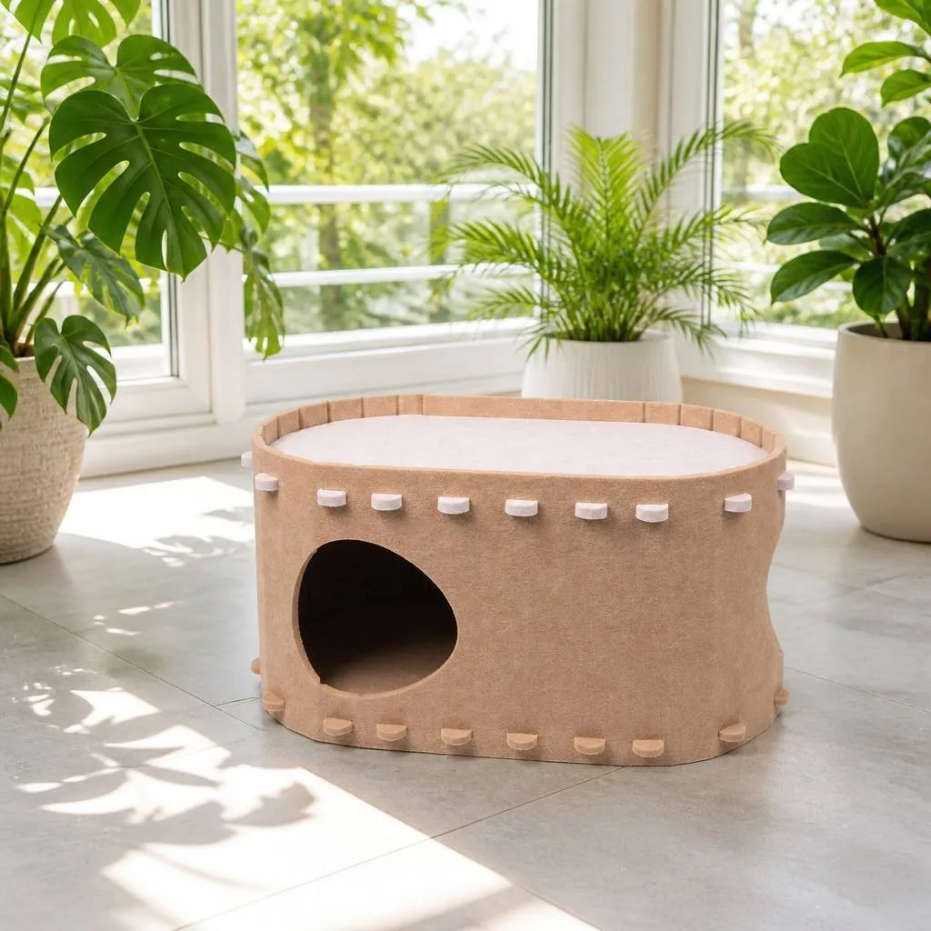 Warm cozy felt cat cave resting in a bright sunroom
