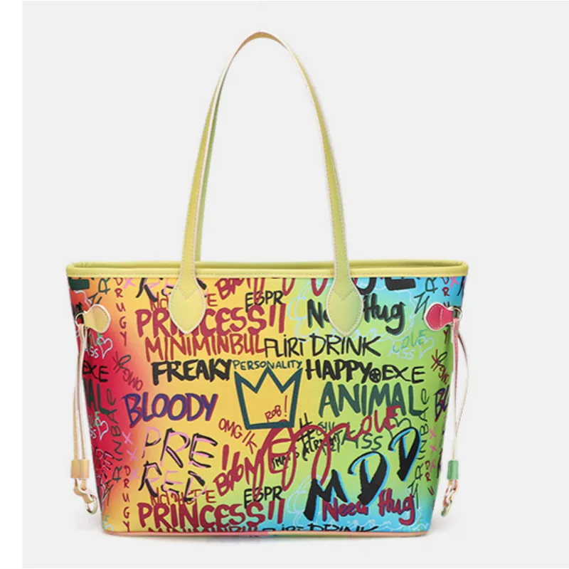 

Fashion Women Handbags PU Shoulder Bag Letter Graffiti Clutch Zip Tote Bag With Printing Woman Handbag, Multicolor, black