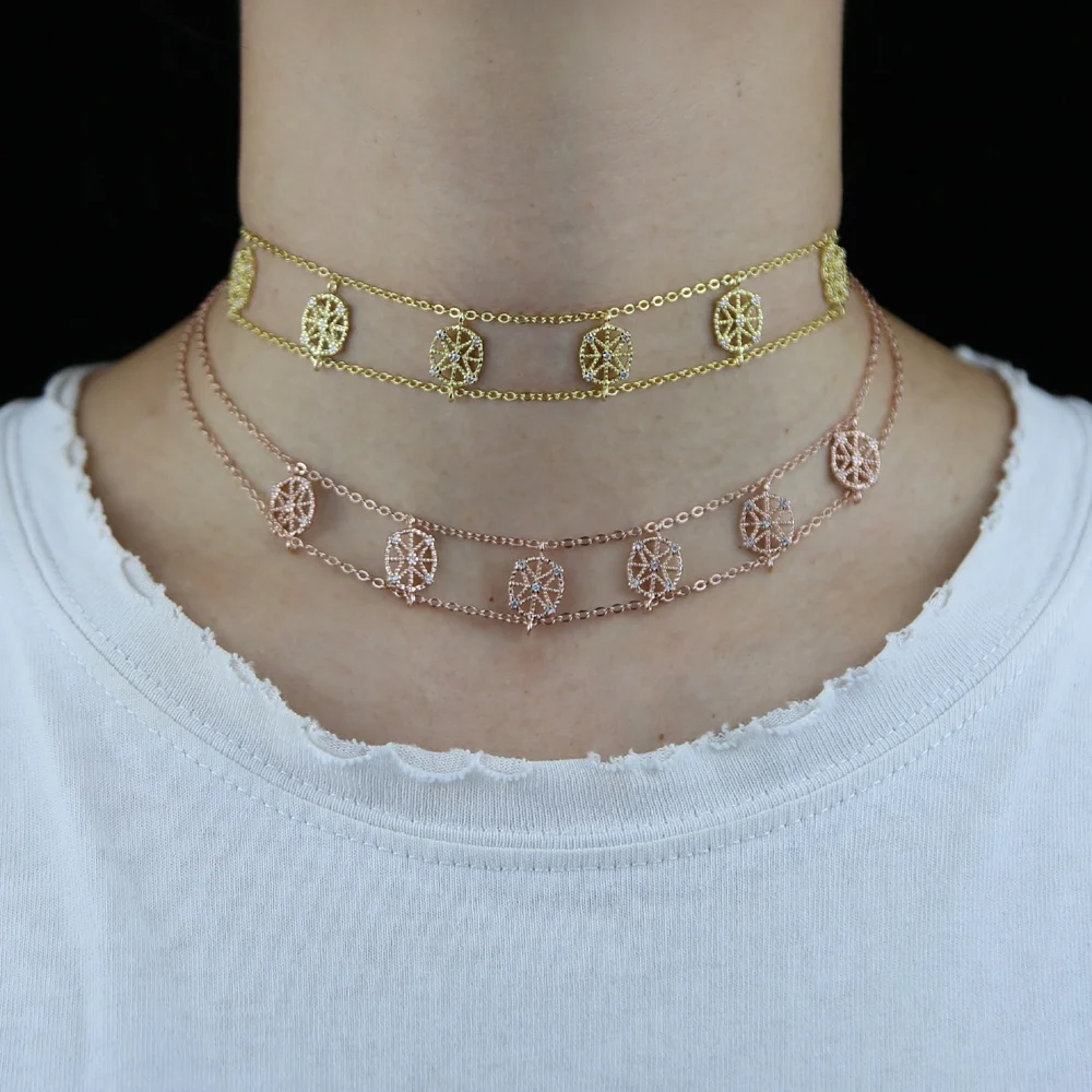 

Fashion hot sale flower charm paved double chain choker necklace for women lady wedding engagement jewelry wholesale, Black