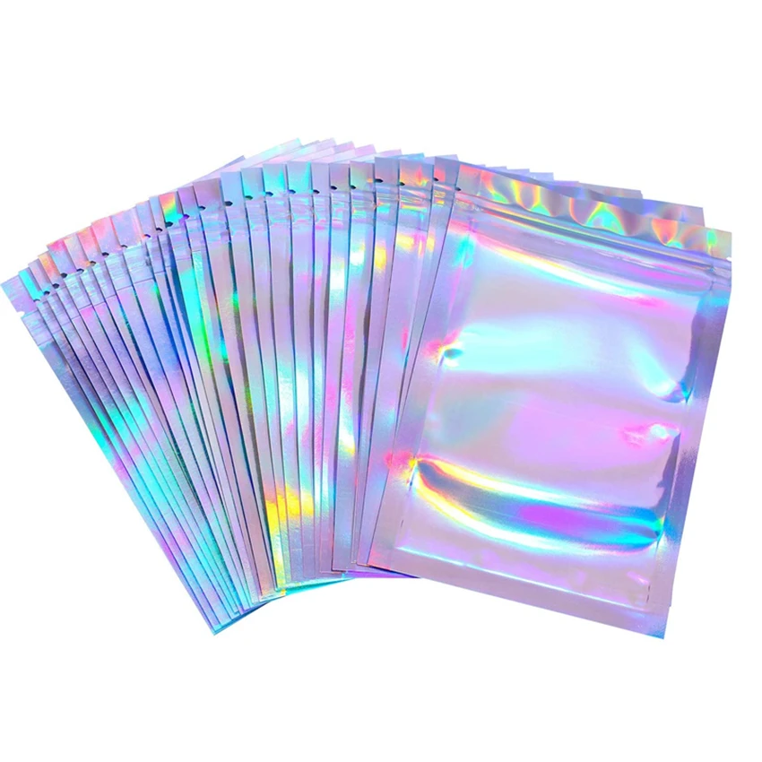 

100 Pieces Resealable Smell Proof Bags Foil Pouch Bag Flat Ziplock Bag for Food Storage, Holographic color