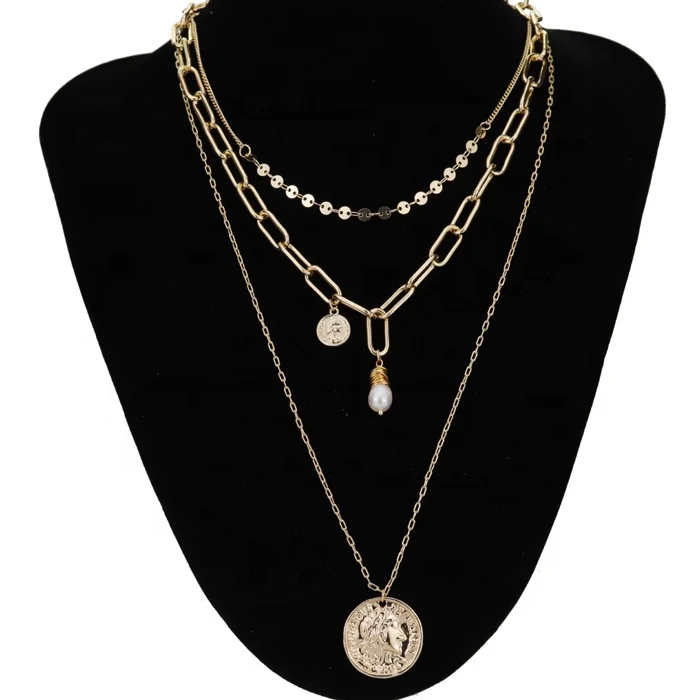 

gold plated bohemian choker pearl cameo pendant multi layer chain necklace for women