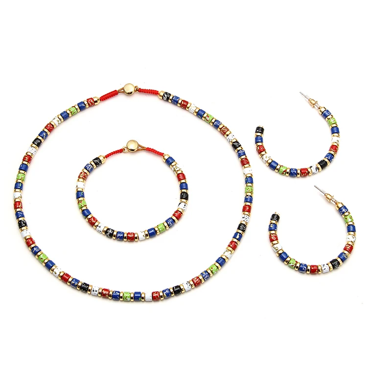 

Trendy Gold Plated Alloy Colorful Jewelry Set Rainbow Enamel Bracelet Necklace Earrings, Rainbow color