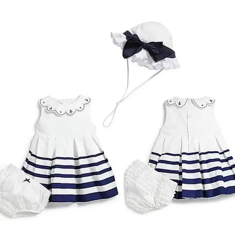 

2021 girls sleeveless dress striped pattern hat bottoming shorts there-piece suit little girls outfit