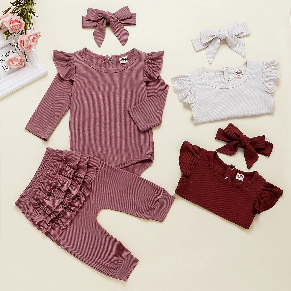 

Newborn Baby Girl Ruffles Outfits Infant Ribbed Cotton Bodysuit Pants Leggings Headband 3PCS Baby Clothing Sets Clothes, Photo showed and customized color