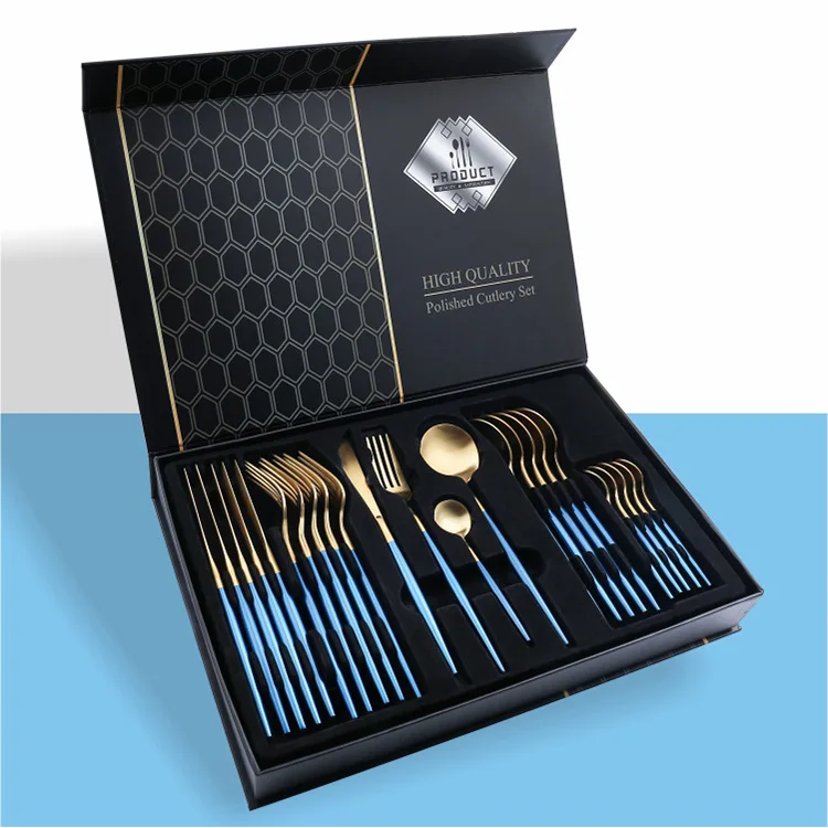 

Wholesale Golden Kitchen Cutlery 24 piece Set Gift Box Stainless Steel 18/10 Cutlery Luxury, Gold/silver, with colorful handle