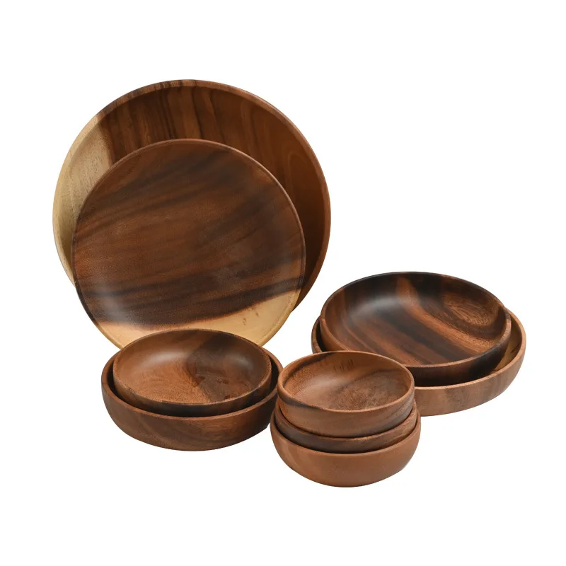 

Acacia Wooden Bowl Wood Tableware Japanese Children's Solid Shallow Mouth Bowl Home Natural Wood Color Spatula Supermarket